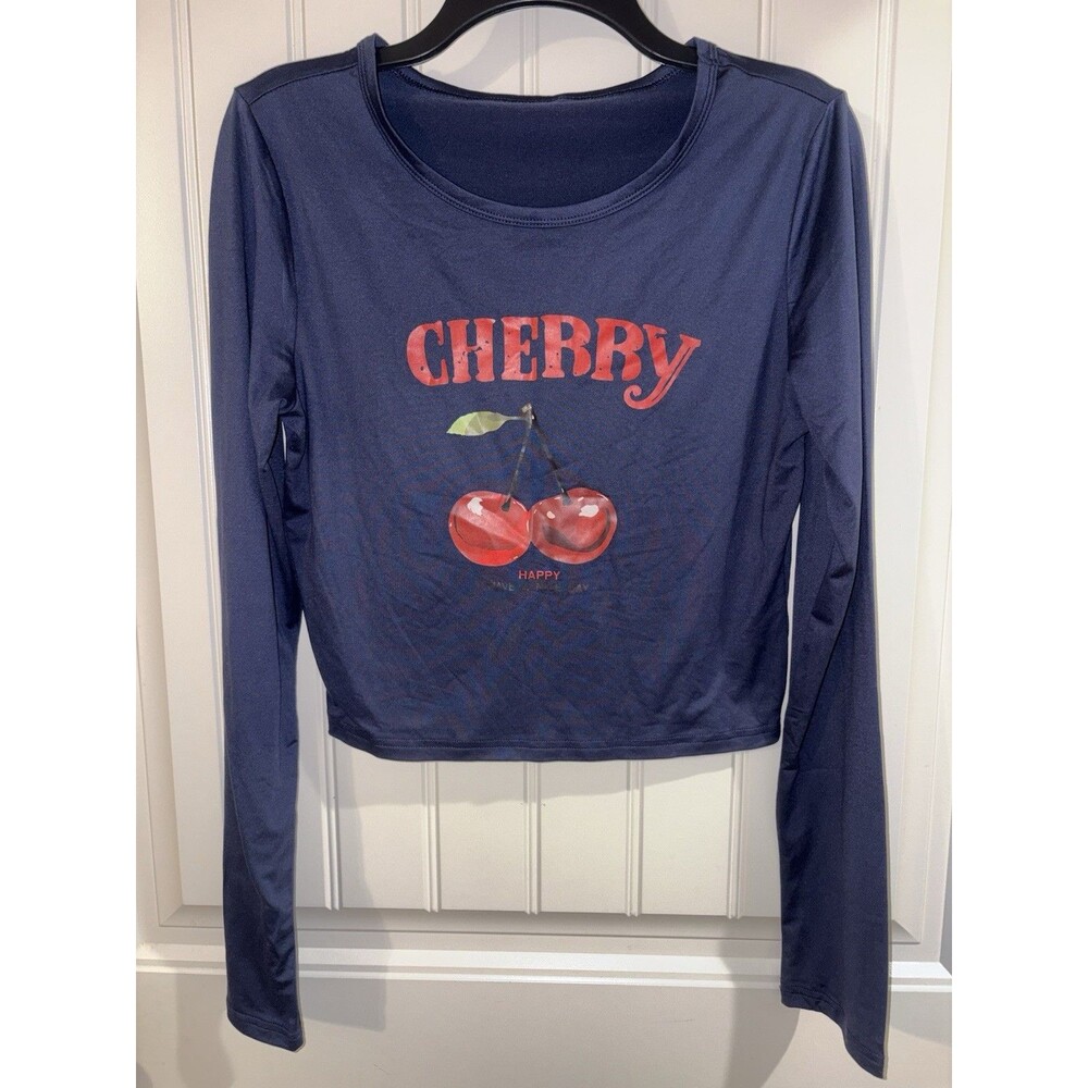 Cherry “Happy Have a Nice Day” Crop Top Blue LS Women’s Sz Large